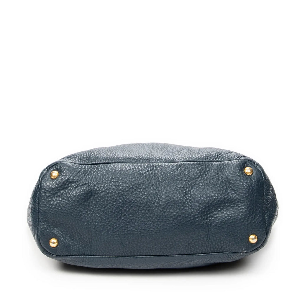 Sac porté épaule, poche latérale, cabas, cuir de veau Phenix bleu foncé