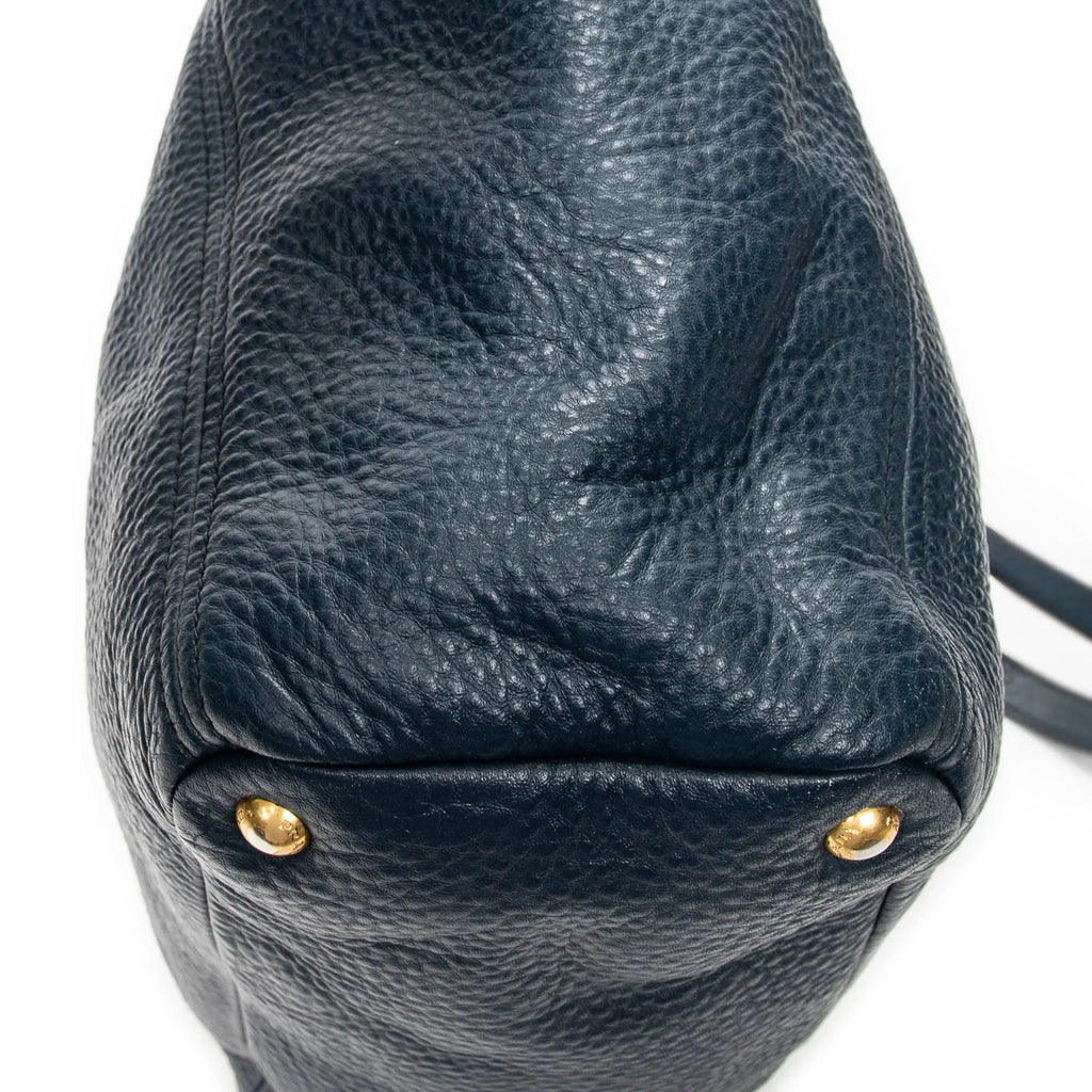Sac porté épaule, poche latérale, cabas, cuir de veau Phenix bleu foncé