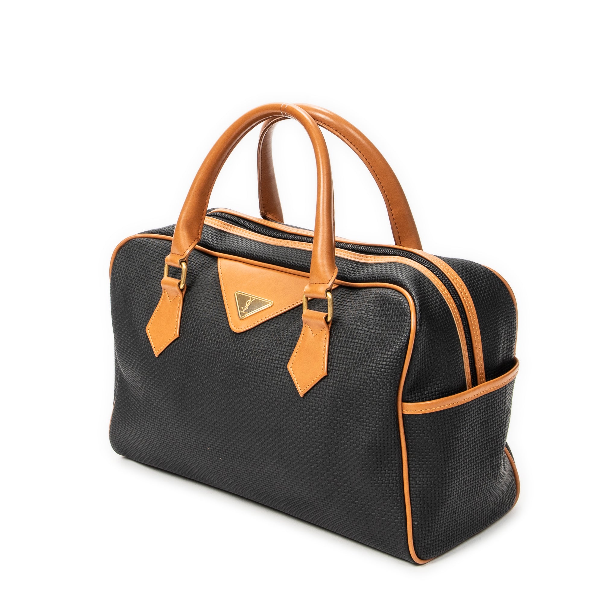 Handbag Vintage Side Pocket Boston Black Woven Coated Canvas