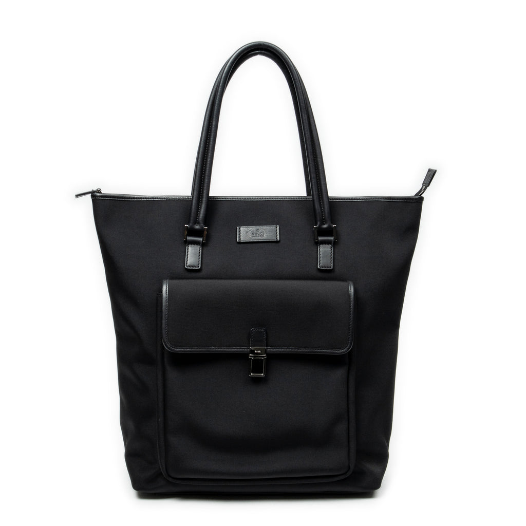 Shoulder Bag Front Pocket Vertical Tote Black Nylon Canvas