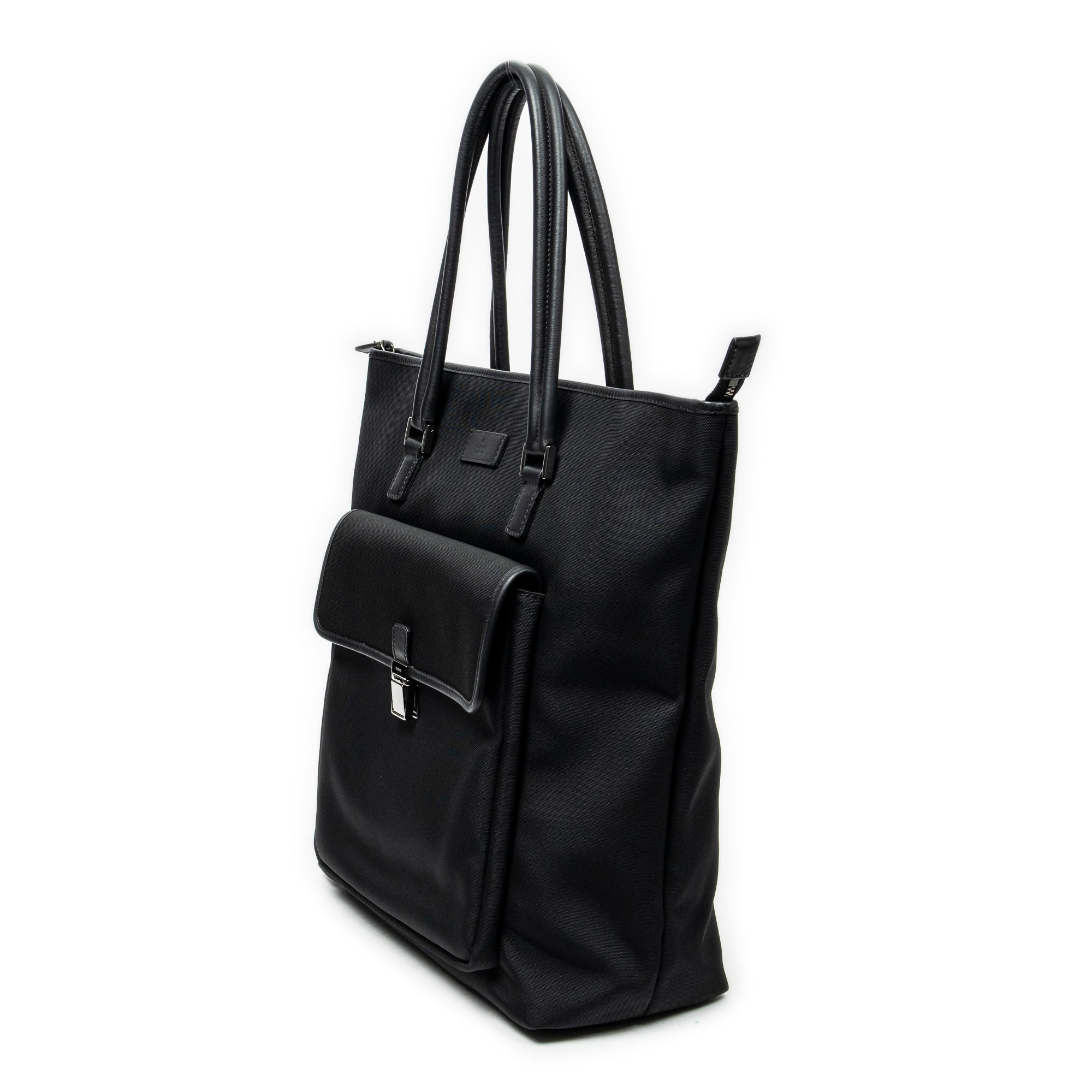 Shoulder Bag Front Pocket Vertical Tote Black Nylon Canvas