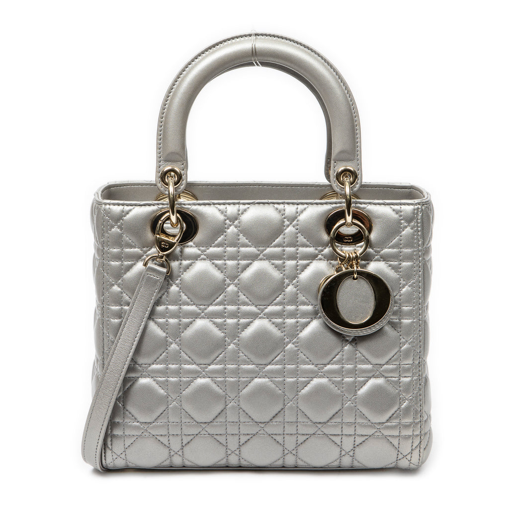 Shoulder Bag Medium Lady Dior Zip Silver Cannage Lambskin Leather