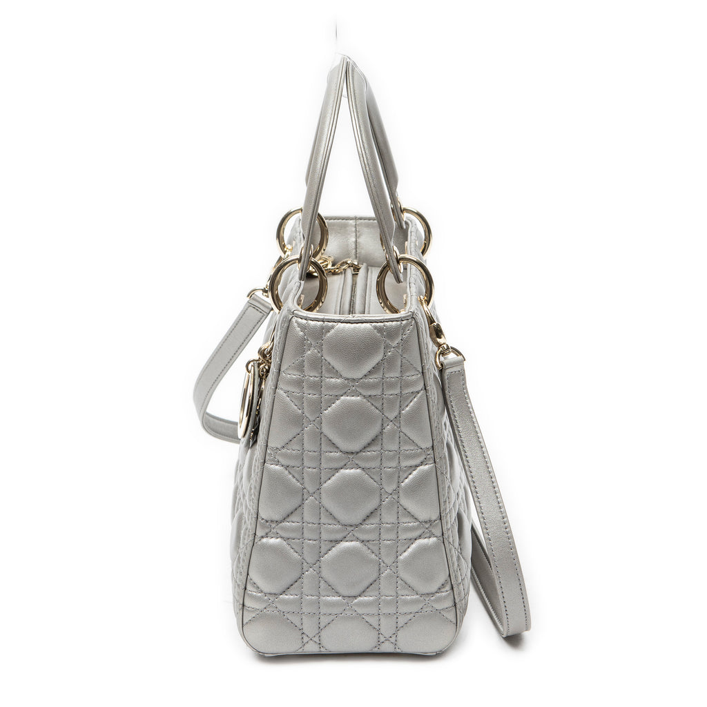 Shoulder Bag Medium Lady Dior Zip Silver Cannage Lambskin Leather