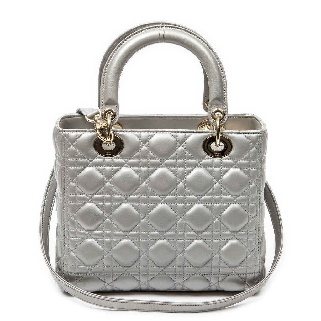 Shoulder Bag Medium Lady Dior Zip Silver Cannage Lambskin Leather