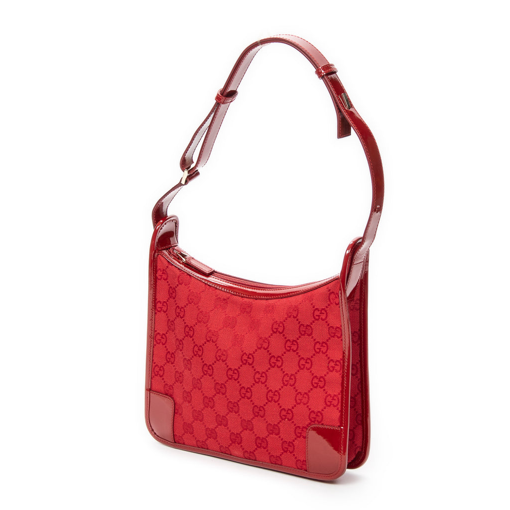 Shoulder Bag Small Zip Hobo Red Monogrammed Canvas