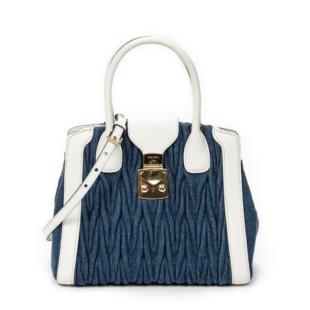Shoulder Bag Pushlock Top Handle Blue Denim Matelasse Denim Canvas