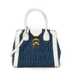 Shoulder Bag Pushlock Top Handle Blue Denim Matelasse Denim Canvas