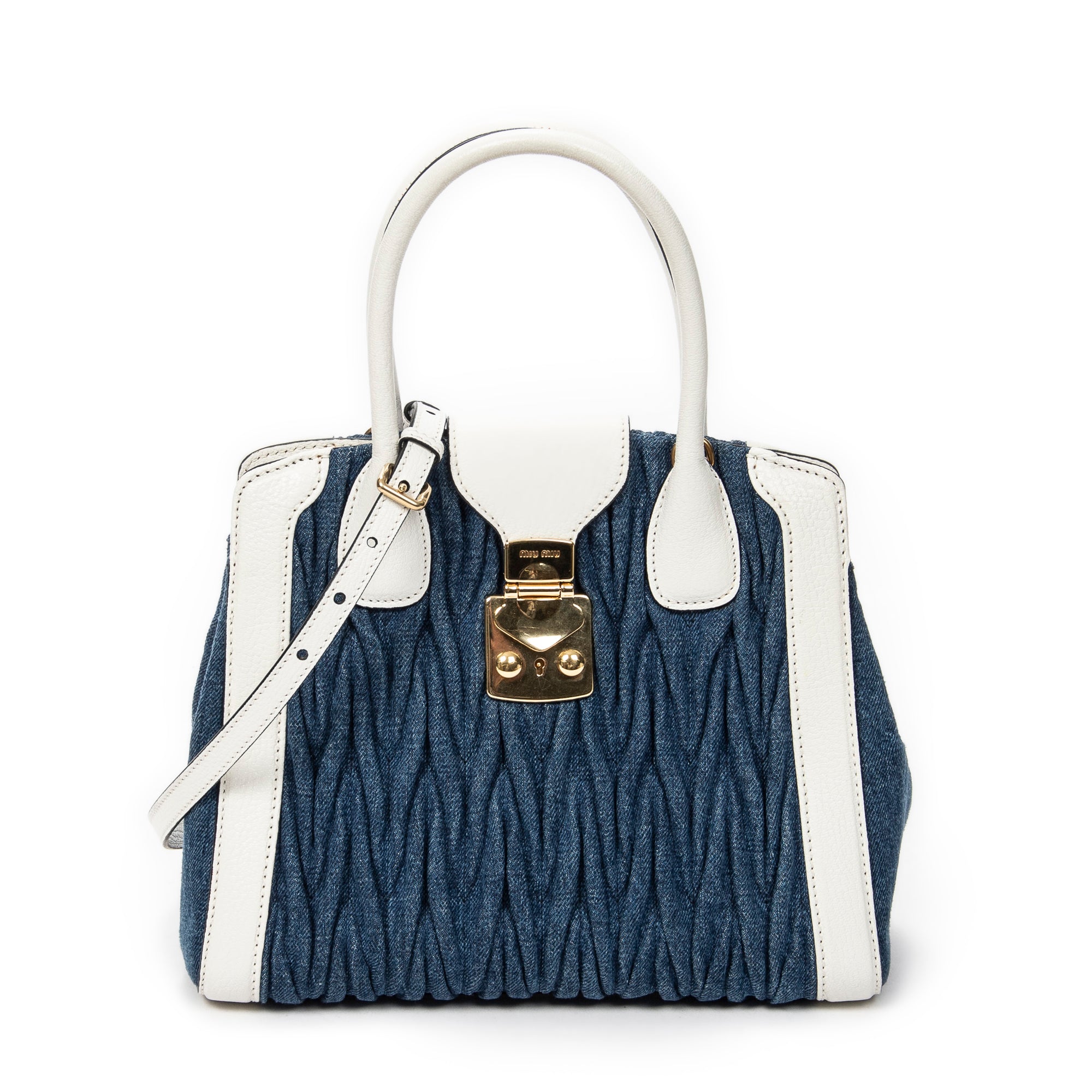 Shoulder Bag Pushlock Top Handle Blue Denim Matelasse Denim Canvas
