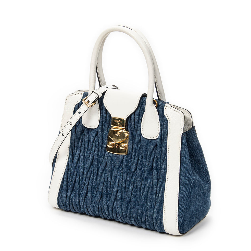 Shoulder Bag Pushlock Top Handle Blue Denim Matelasse Denim Canvas