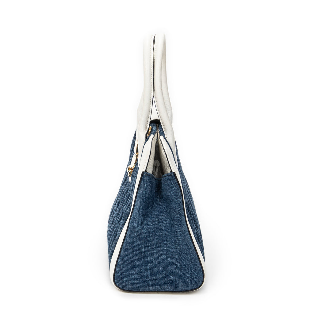 Shoulder Bag Pushlock Top Handle Blue Denim Matelasse Denim Canvas