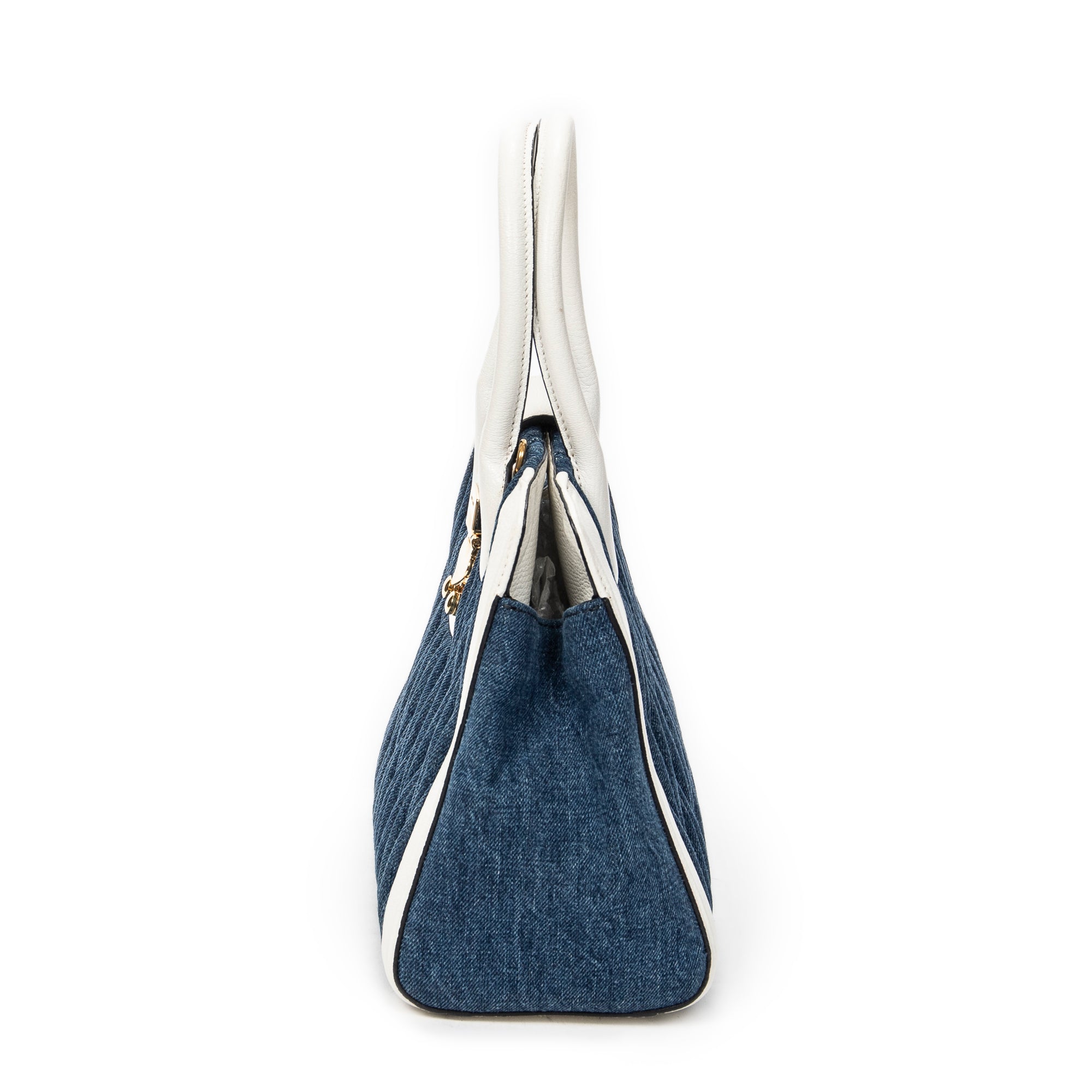Shoulder Bag Pushlock Top Handle Blue Denim Matelasse Denim Canvas