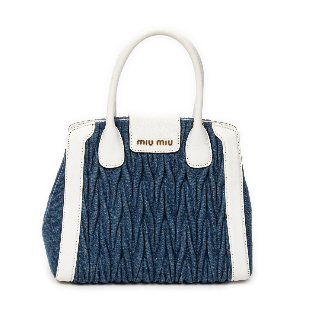 Shoulder Bag Pushlock Top Handle Blue Denim Matelasse Denim Canvas