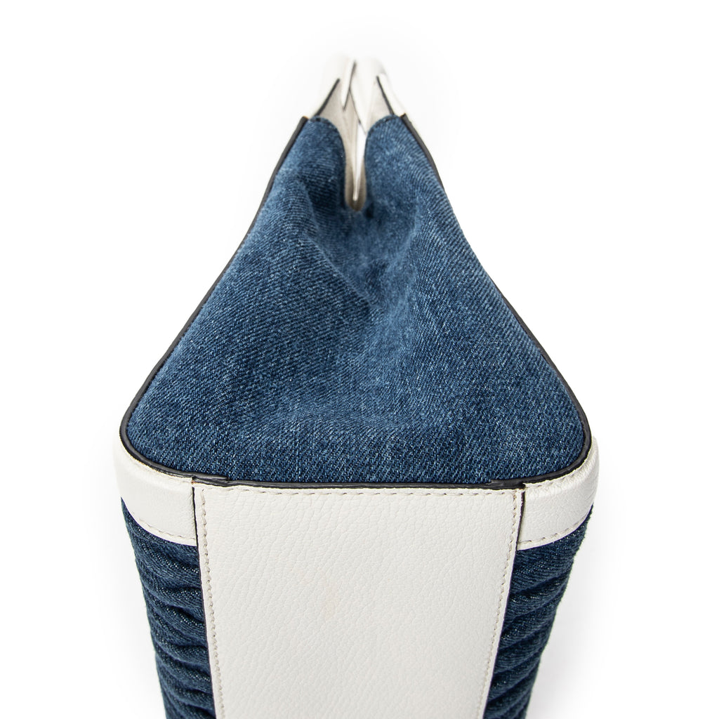 Shoulder Bag Pushlock Top Handle Blue Denim Matelasse Denim Canvas