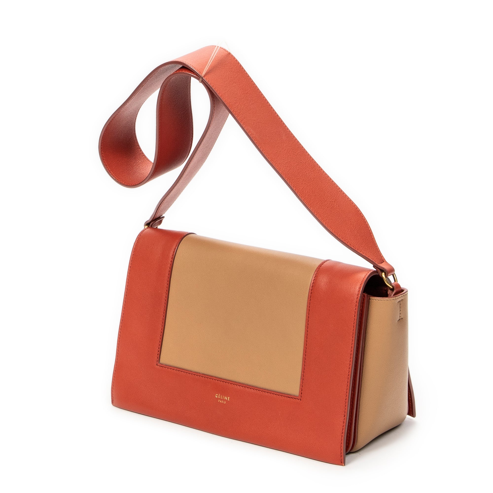 Bolso de Hombro Mediano con Marco Cruzado de Piel de Becerro Naranja