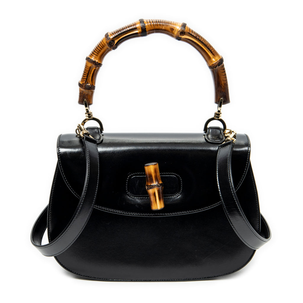 Shoulder Bag Vintage Bamboo Top Handle Flap Black Smooth Calfskin Leather