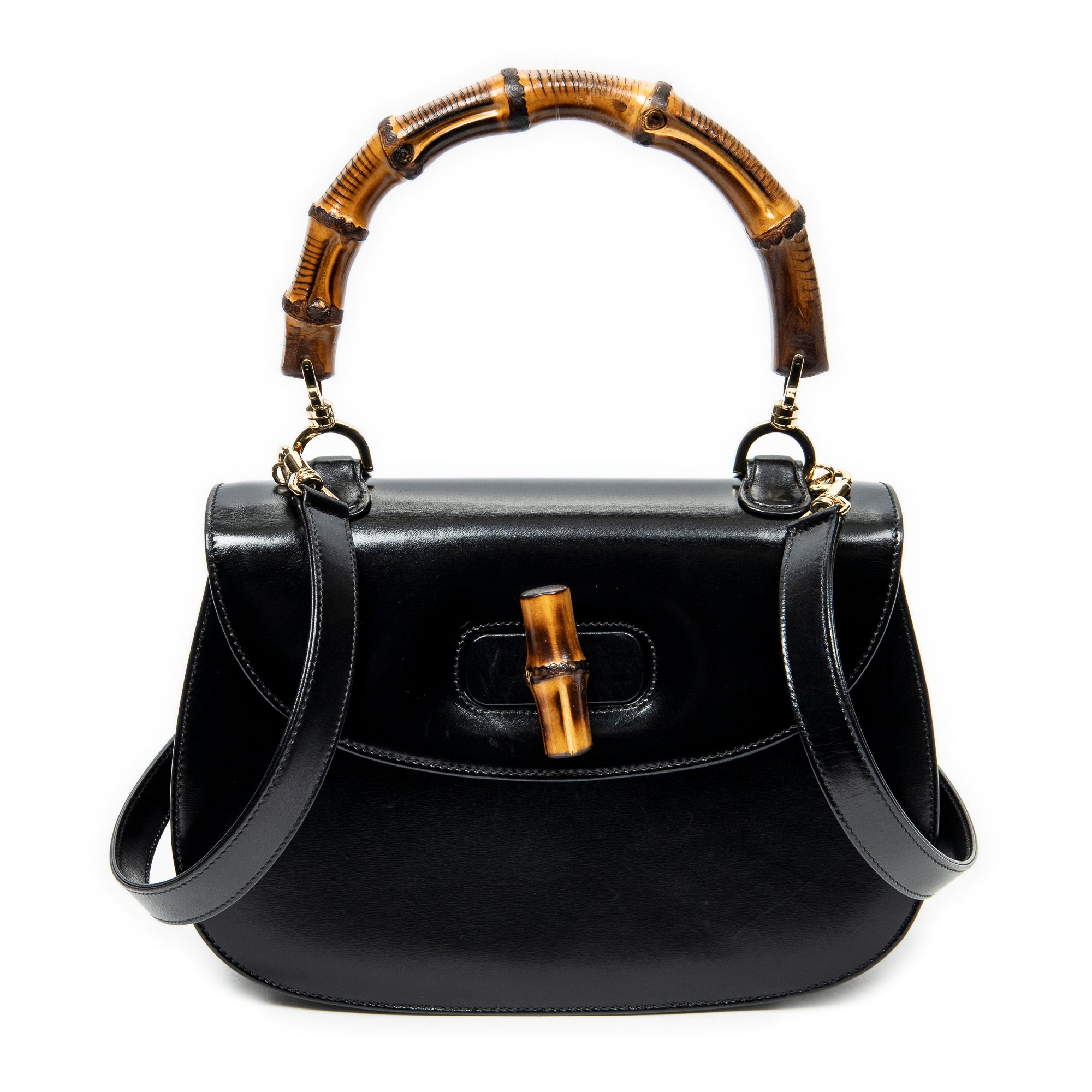 Shoulder Bag Vintage Bamboo Top Handle Flap Black Smooth Calfskin Leather