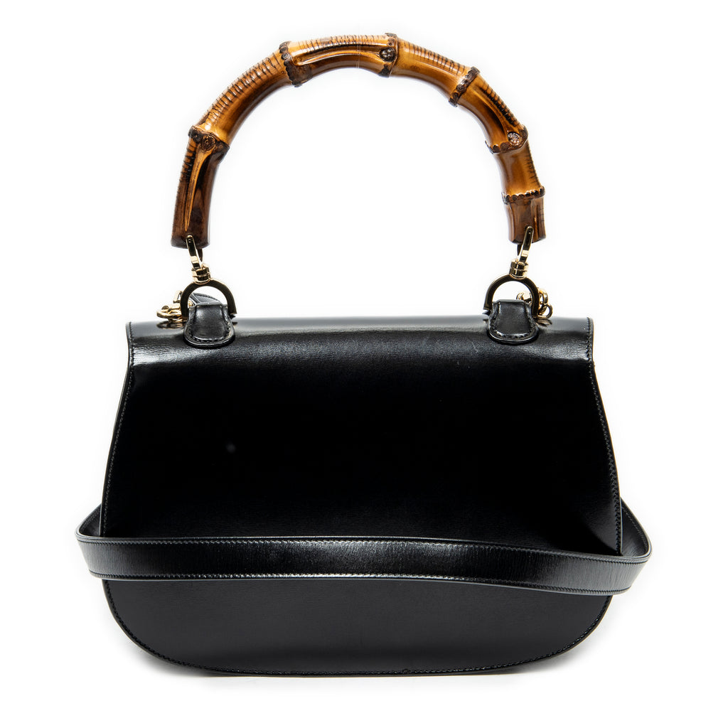 Shoulder Bag Vintage Bamboo Top Handle Flap Black Smooth Calfskin Leather