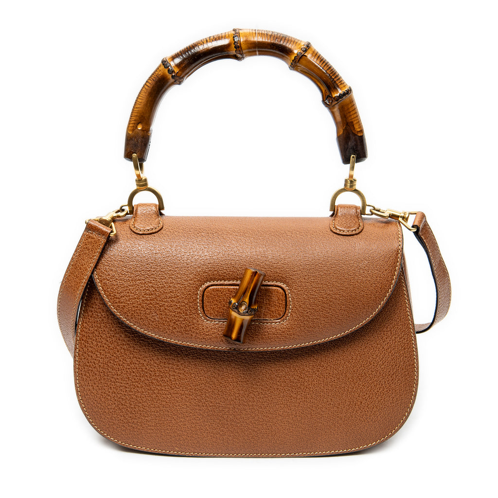 Shoulder Bag Vintage Bamboo Top Handle Flap Brown Grained Calfskin Leather