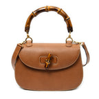 Shoulder Bag Vintage Bamboo Top Handle Flap Brown Grained Calfskin Leather