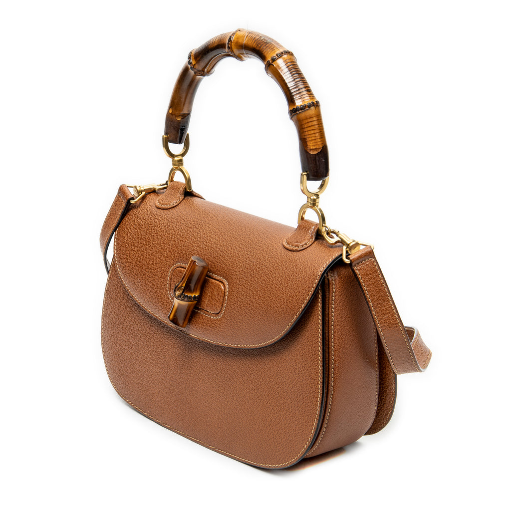 Shoulder Bag Vintage Bamboo Top Handle Flap Brown Grained Calfskin Leather