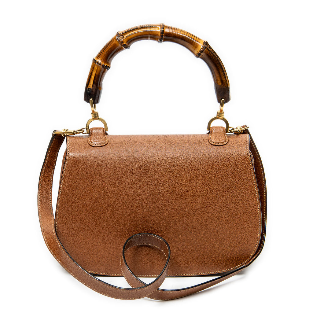 Shoulder Bag Vintage Bamboo Top Handle Flap Brown Grained Calfskin Leather