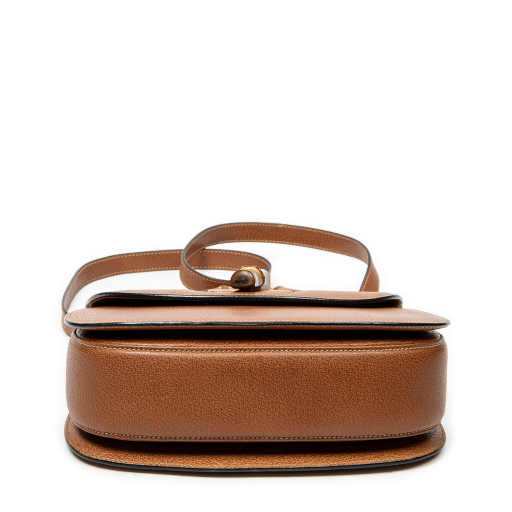 Shoulder Bag Vintage Bamboo Top Handle Flap Brown Grained Calfskin Leather