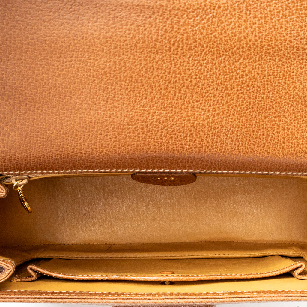 Shoulder Bag Vintage Bamboo Top Handle Flap Brown Grained Calfskin Leather