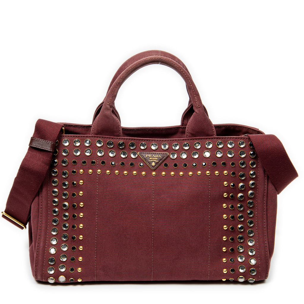 Prada - Cabas Canapa moyen orné de strass - Bordeaux