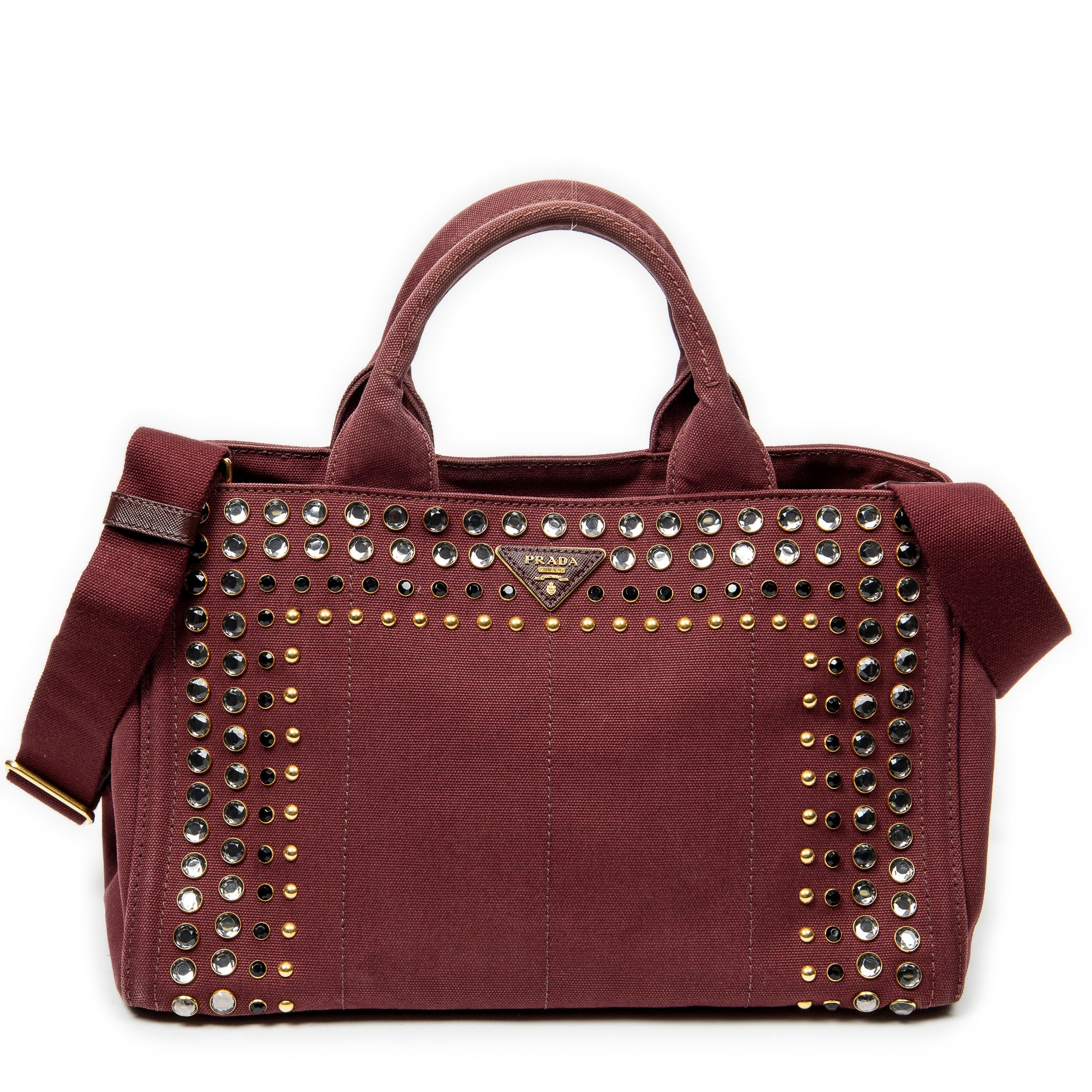 Prada - Cabas Canapa moyen orné de strass - Bordeaux