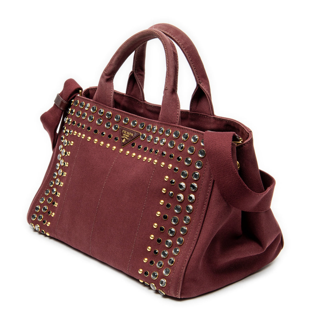Prada - Cabas Canapa moyen orné de strass - Bordeaux