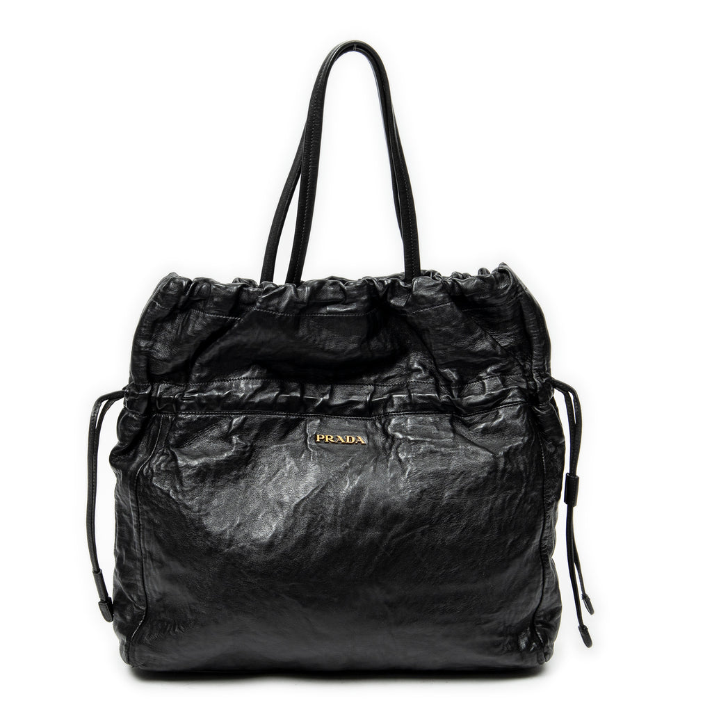 Shoulder Bag Drawstring Shopping Tote Black Nappa Antique Leather