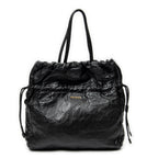 Shoulder Bag Drawstring Shopping Tote Black Nappa Antique Leather