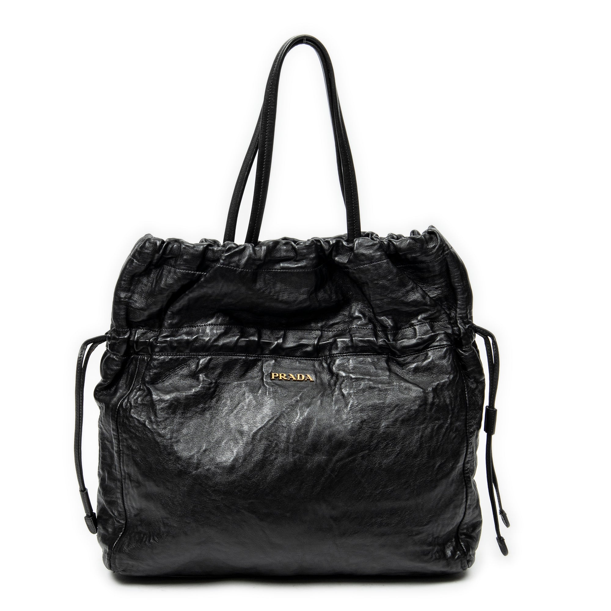 Shoulder Bag Drawstring Shopping Tote Black Nappa Antique Leather