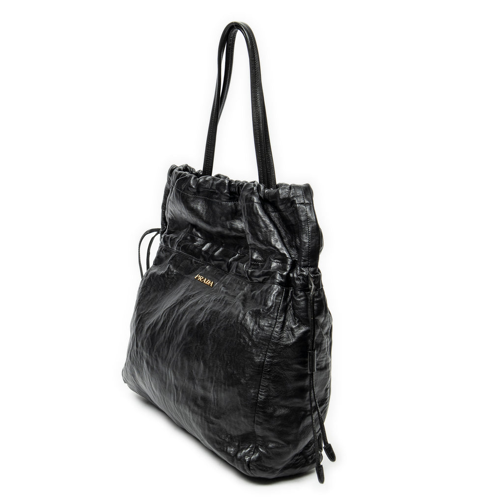 Shoulder Bag Drawstring Shopping Tote Black Nappa Antique Leather
