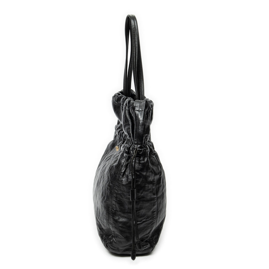 Shoulder Bag Drawstring Shopping Tote Black Nappa Antique Leather