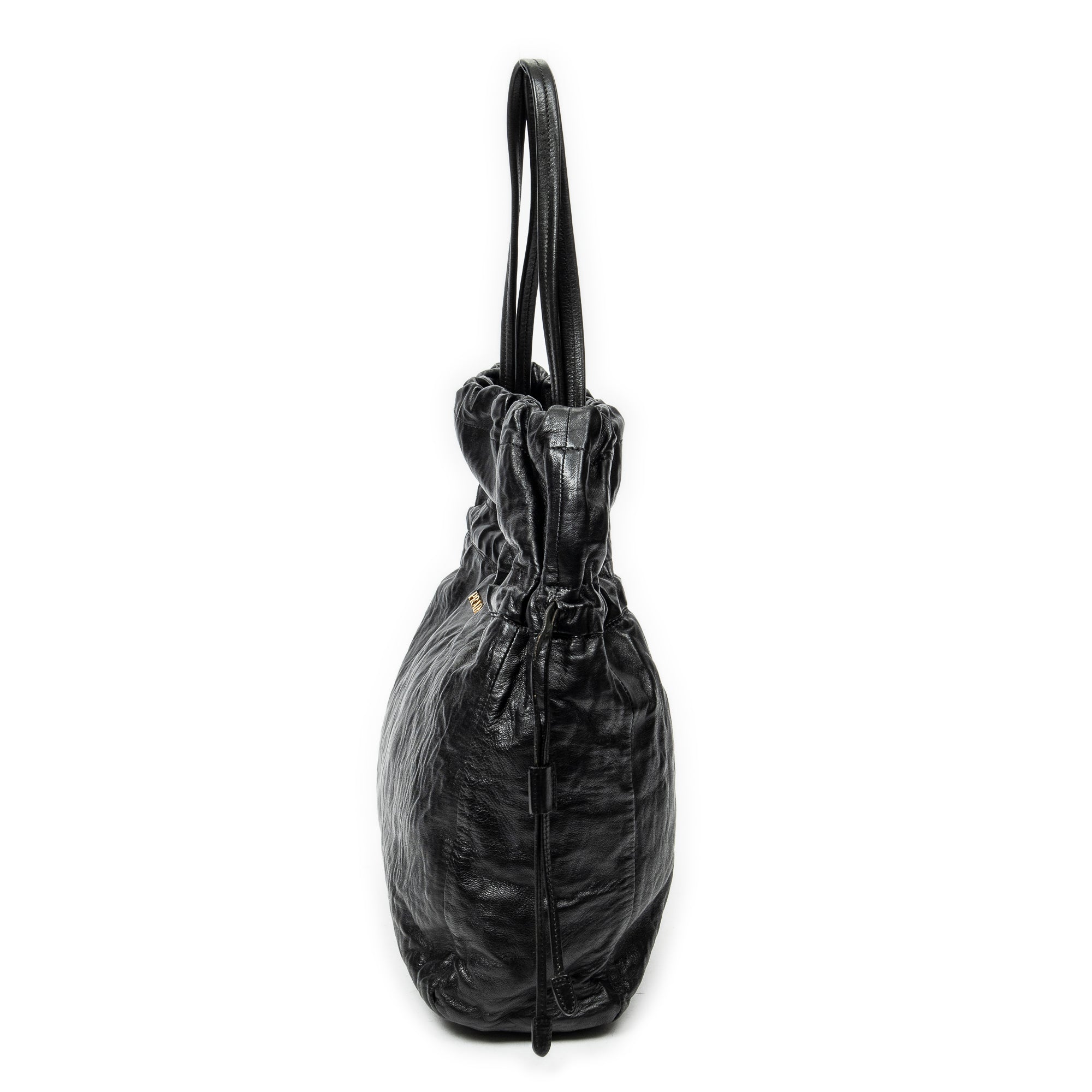 Shoulder Bag Drawstring Shopping Tote Black Nappa Antique Leather