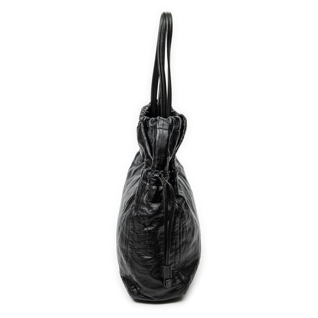 Shoulder Bag Drawstring Shopping Tote Black Nappa Antique Leather