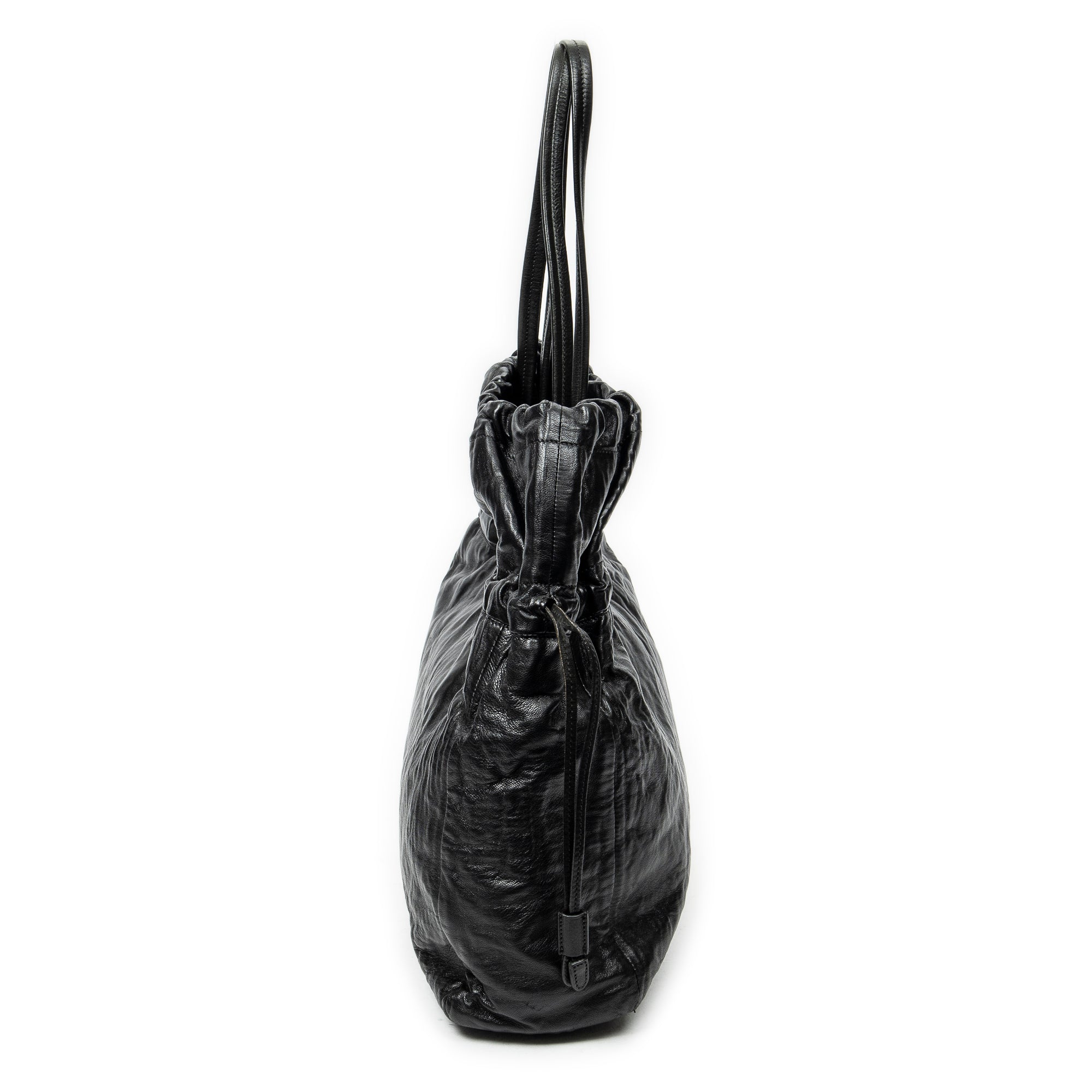 Shoulder Bag Drawstring Shopping Tote Black Nappa Antique Leather