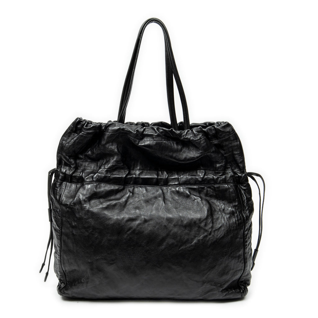 Shoulder Bag Drawstring Shopping Tote Black Nappa Antique Leather