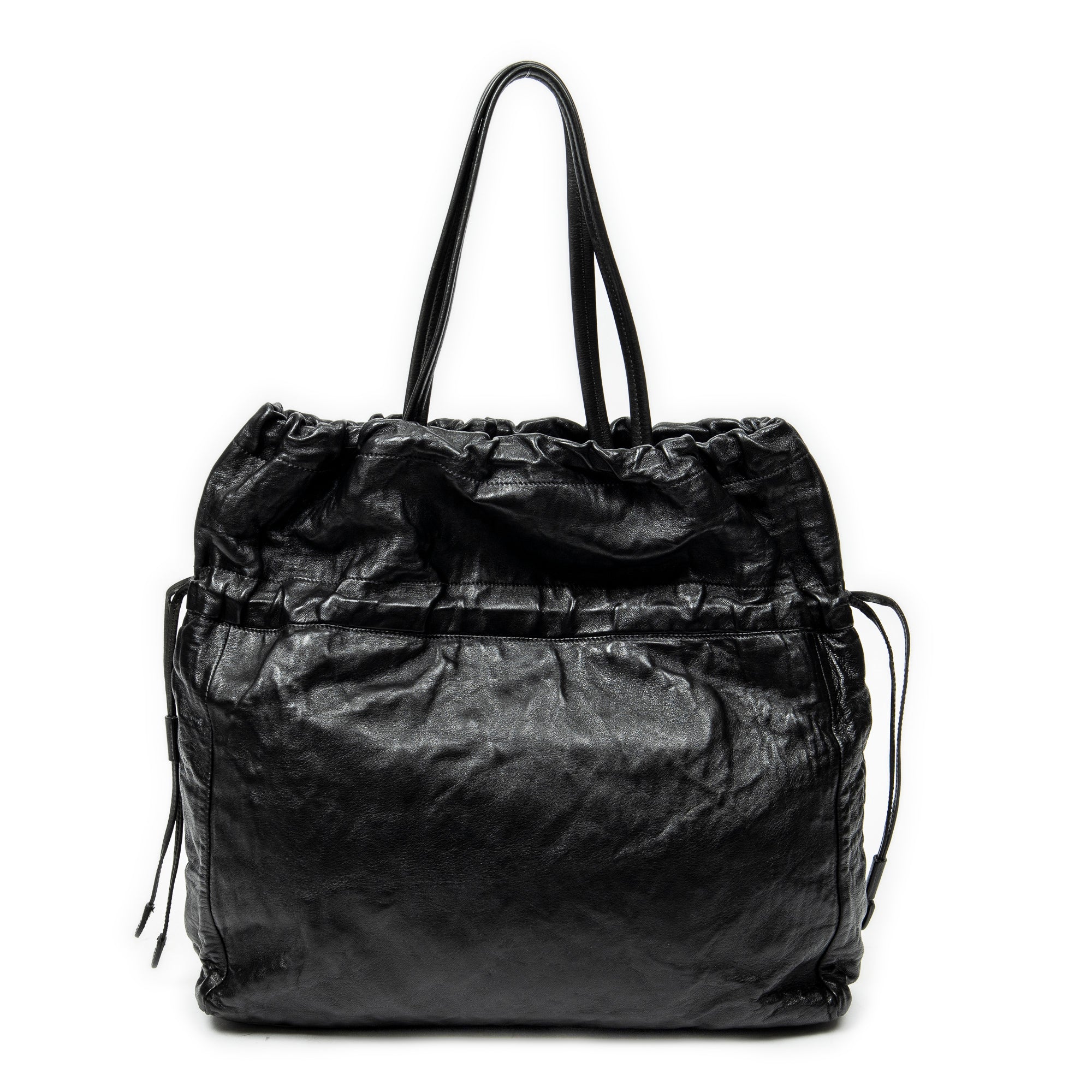 Shoulder Bag Drawstring Shopping Tote Black Nappa Antique Leather