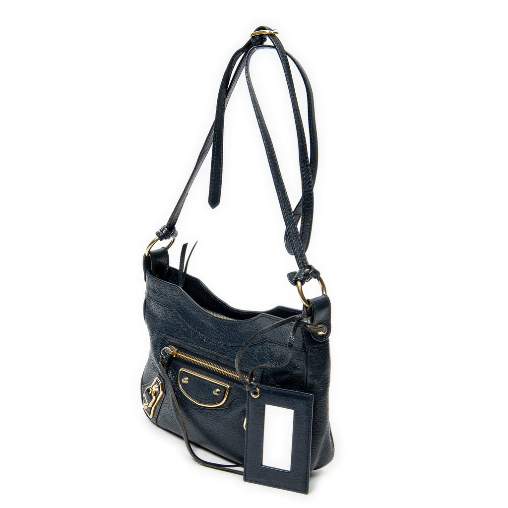 Shoulder Bag Metallic Edge Hip Crossbody Navy Grained Calfskin Leather