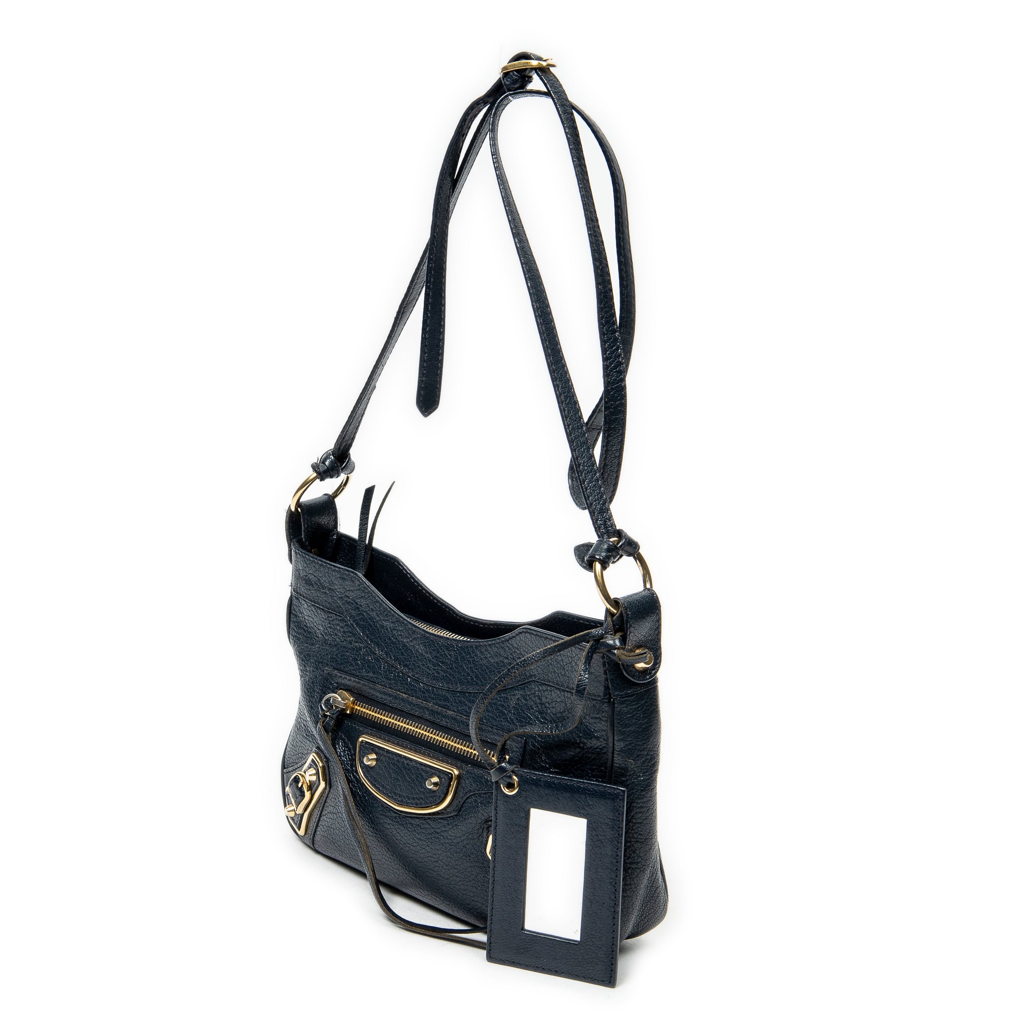 Shoulder Bag Metallic Edge Hip Crossbody Navy Grained Calfskin Leather
