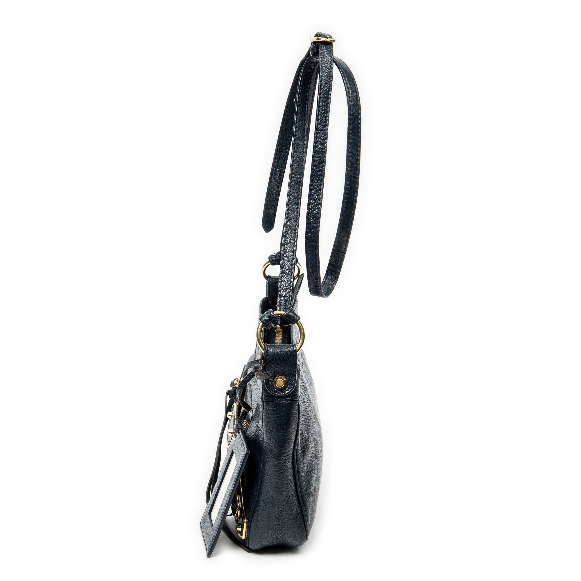 Shoulder Bag Metallic Edge Hip Crossbody Navy Grained Calfskin Leather