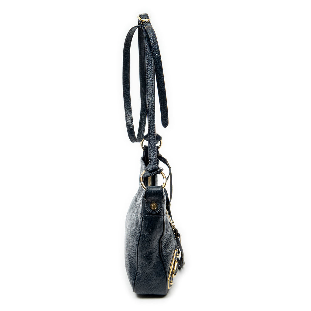 Shoulder Bag Metallic Edge Hip Crossbody Navy Grained Calfskin Leather