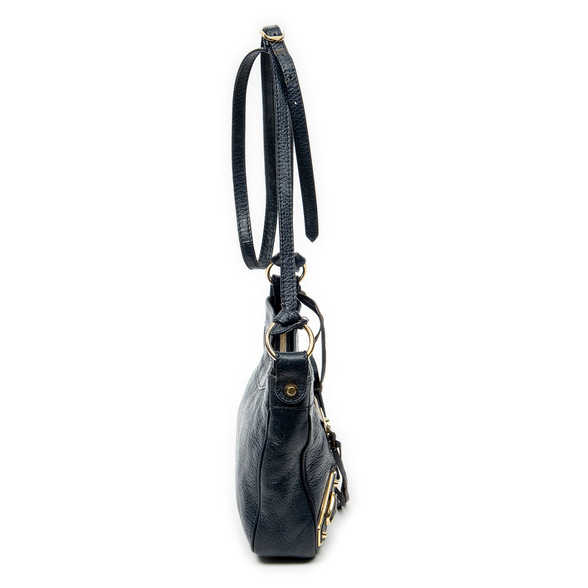 Shoulder Bag Metallic Edge Hip Crossbody Navy Grained Calfskin Leather