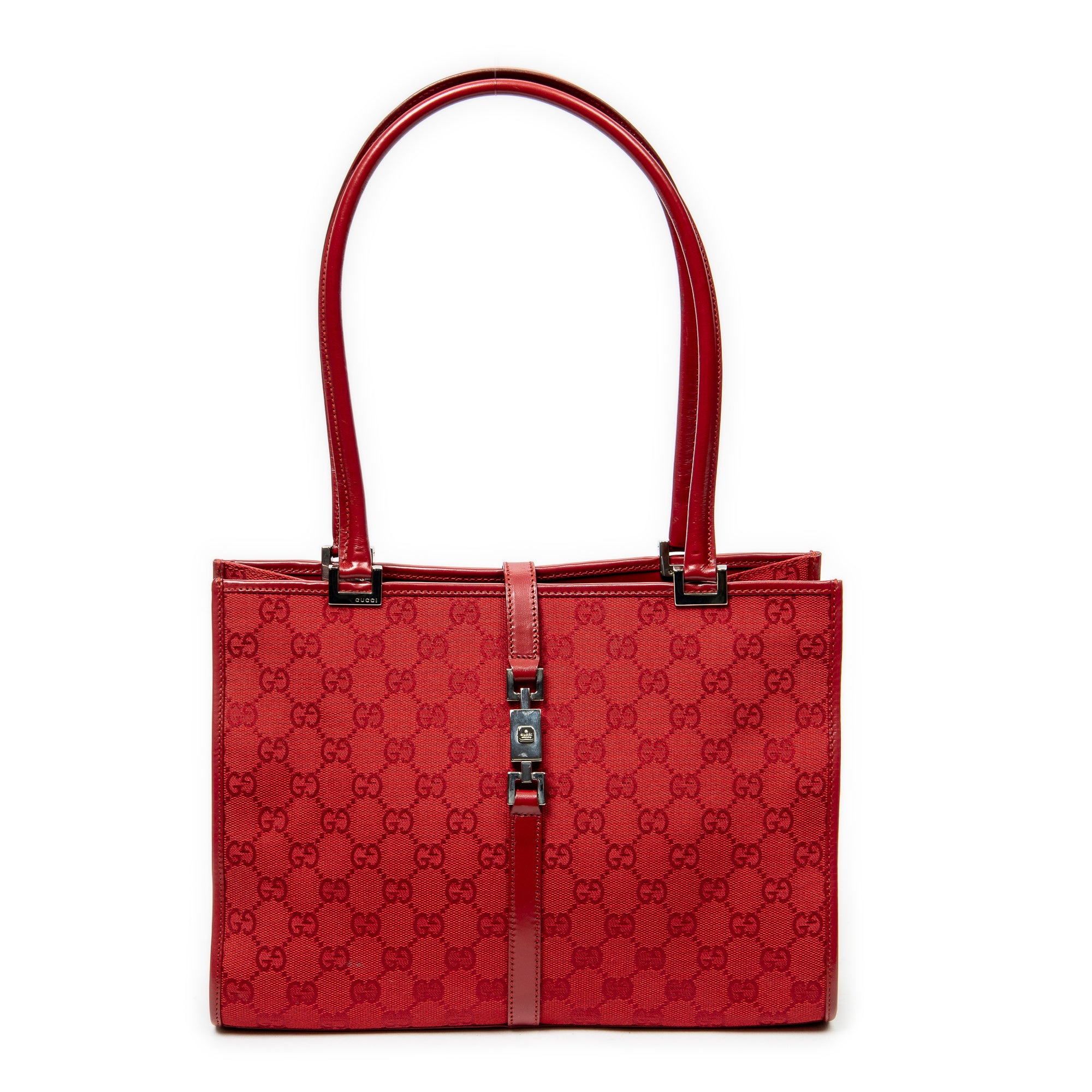 Bolso de hombro cuadrado Jackie Tote lona roja con monograma