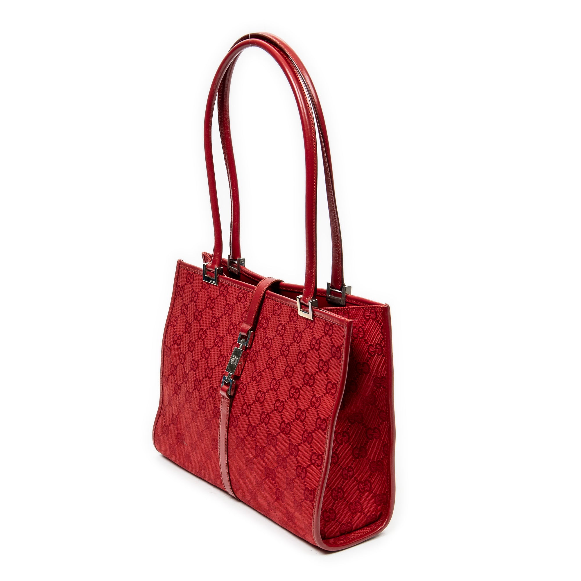 Bolso de hombro cuadrado Jackie Tote lona roja con monograma