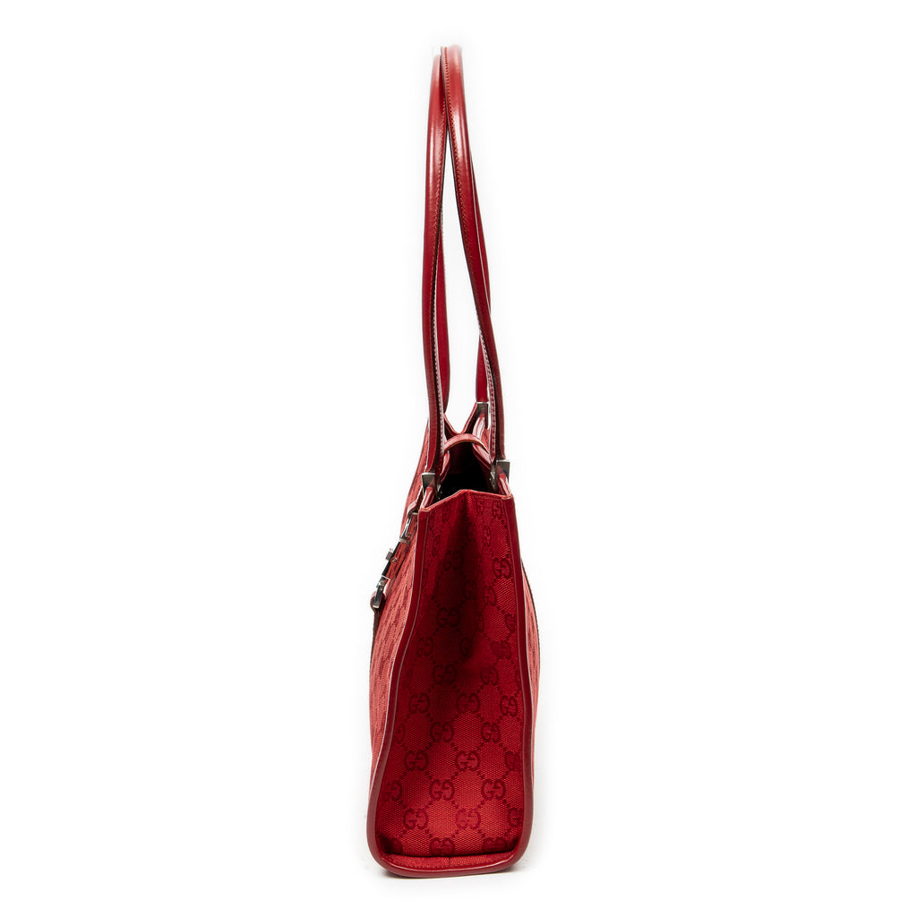 Bolso de hombro cuadrado Jackie Tote lona roja con monograma