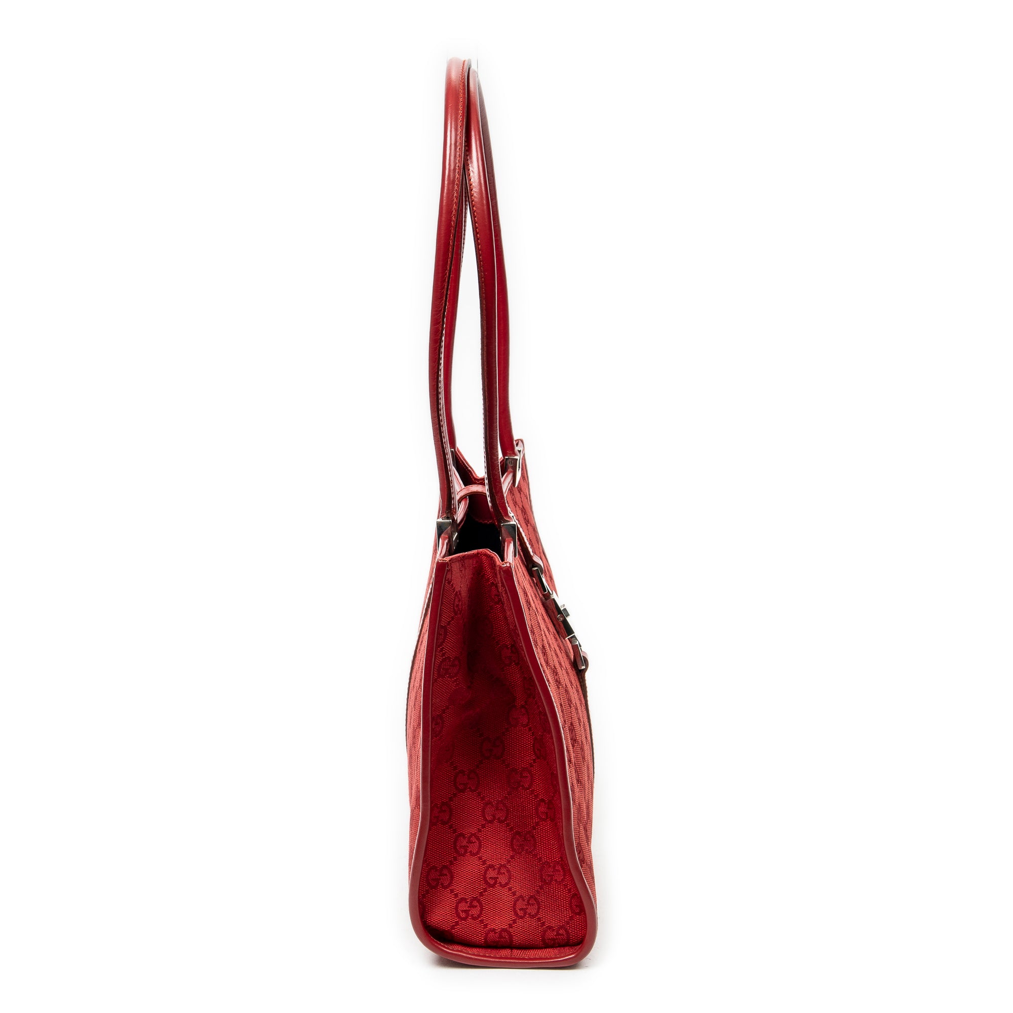 Bolso de hombro cuadrado Jackie Tote lona roja con monograma