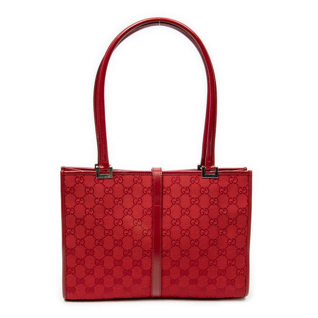 Bolso de hombro cuadrado Jackie Tote lona roja con monograma